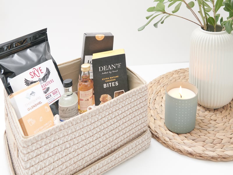 A welcome hamper contains local food and drink.