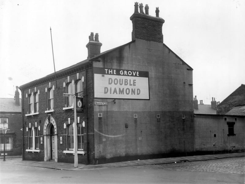 The Grove Hotel at number 28 Grove Road, an Ind Coope and Allsopp public house. Waterton Street is on the left edge, with Waterton Place on the right. The landlord of the Grove Hotel at the time of this photo from January 1961 was Cephas MacNicoll.