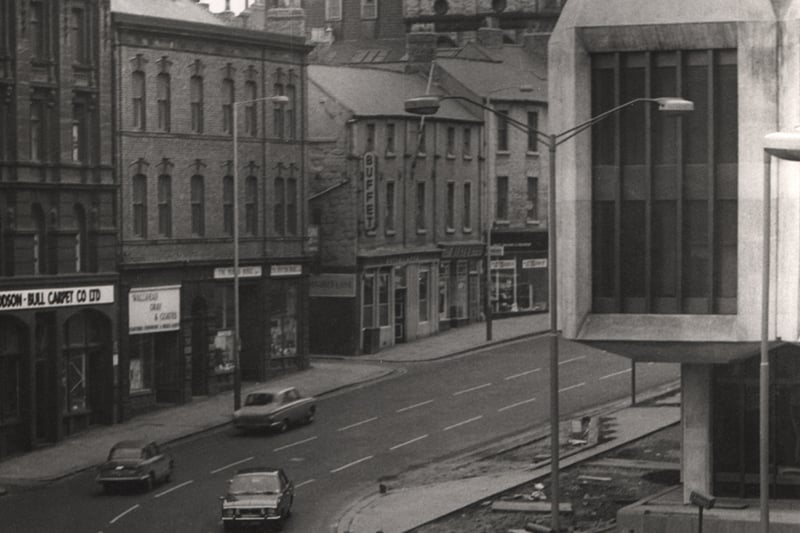 A view of Pilgrim Street Newcastle upon Tyne taken in 1971. The photograph has been taken from the roof of Swan House looking across to Pilgrim Street. 