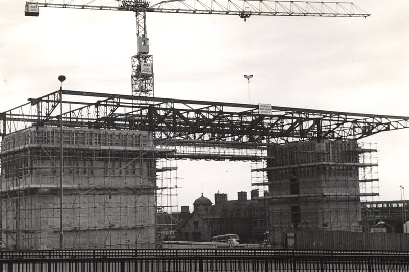 A view of the Pilgrim Street Roundabout Newcastle upon Tyne taken in 1967. The photograph shows the construction of two office blocks. 