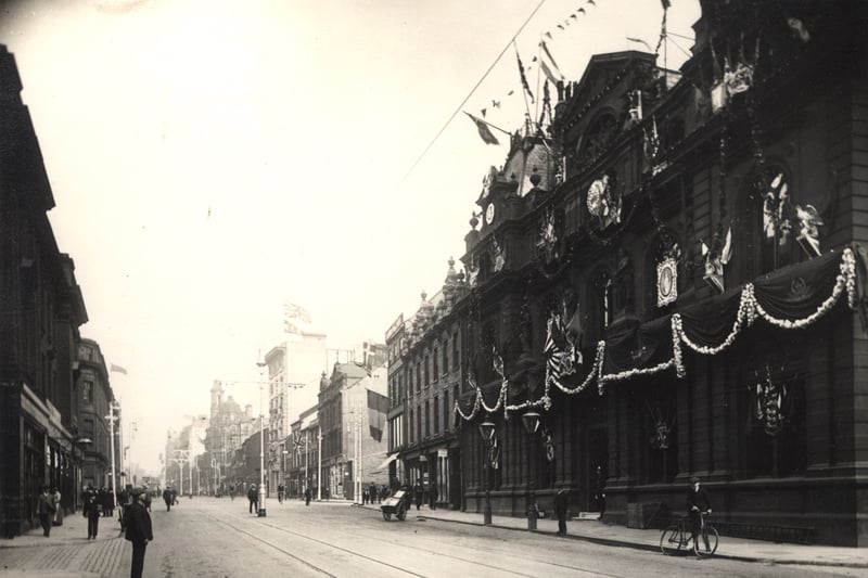  A view of Pilgrim Street Newcastle upon Tyne taken in 1911. The photograph is loooking up Pilgrim Street which is decorated for the coronation of King George VI and Queen Mary.
