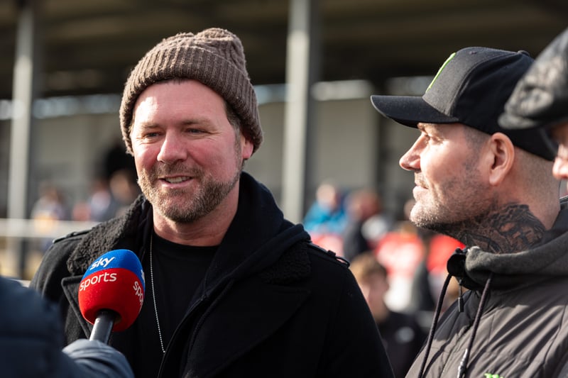 Former Westlife singer Brian McFadden (left) joined Shane Lynch and Keith Duffy from Boyzone on the pitch at Victory Park before Chorley's FA Trophy tie against Solihull Moors on Saturday