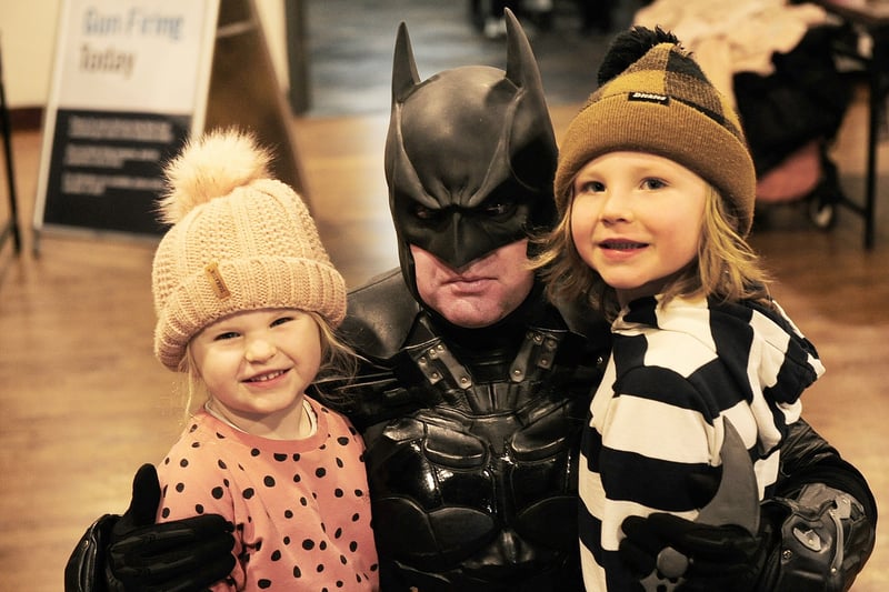 Batman meets Olive Taylor-Davies, three, and brother Arthor, five, of Ackwoth.
