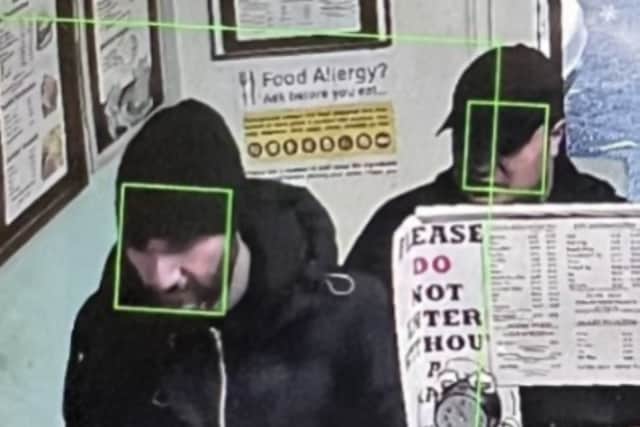 Police want to speak to these two men after a pair of phones and a quantity of cash were stolen from the S20 Sandwich Bar in Mosborough, Sheffield.