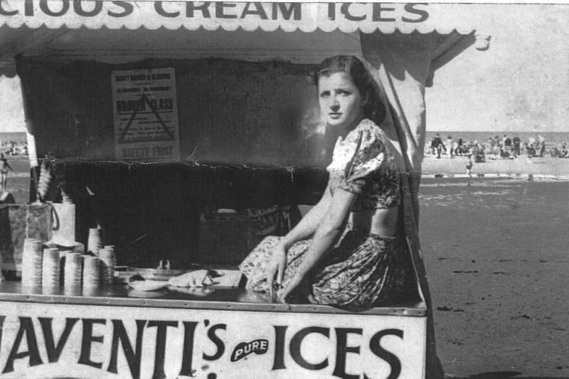 Memory Lane - Miss Savina Naventi on Horse Drawn ice cream cart on Blackpool Beach 1945
