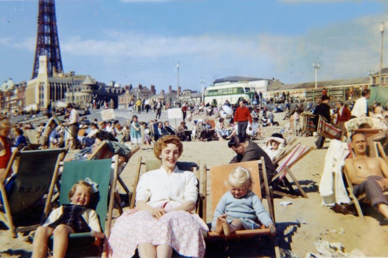 Joyce Down on Blackpool beach in 1961 with Linda and Susan Marsh