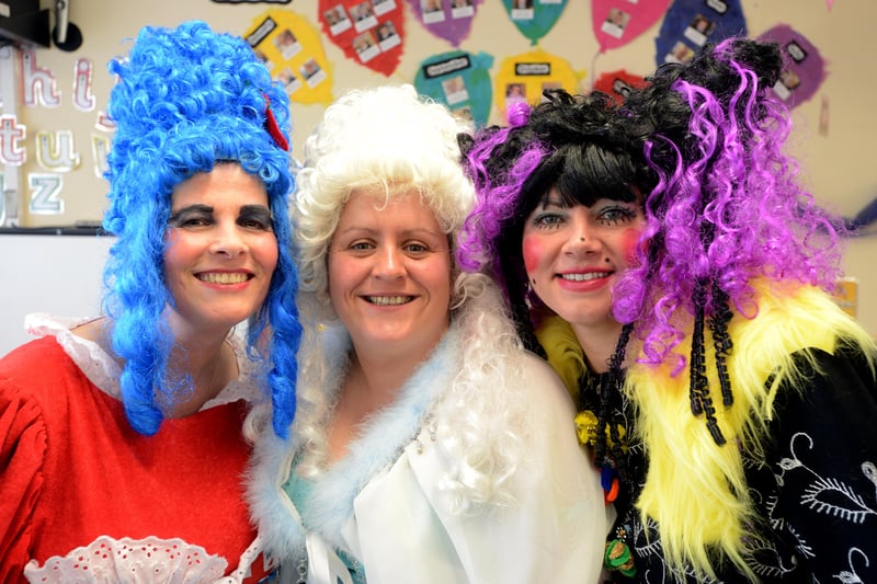 Staff from the Asda Warehouse, Washington dressed as Cinderella and the Ugly Sisters to read to children at Barmston Primary School, in 2014.