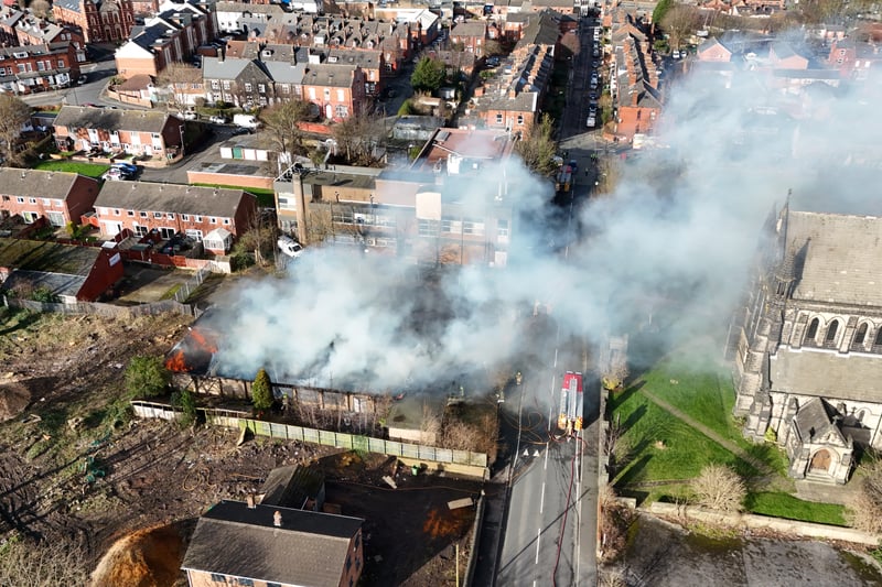 This aerial shot captures the extent of the damage caused at the building, as firefighters were called to the scene shortly after 1pm.