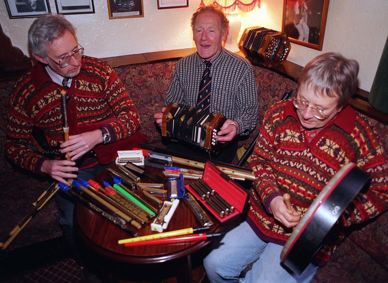 John Dowling, centre, with Francis and Diz Feeley, rehearsing at the Dog and Partridge pub on Trippet Lane, ready for Sheffield's second Irish Festival in 1999