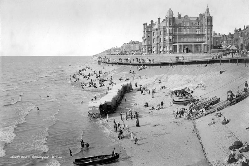Metropole Hotel 1890-1910. The Hotel Metropole as viewed from the north shore with holidaymakers on the beach in the foreground. It was built during or just after the 1860s. A number of bathing machines are lined up on the beach for potential swimmers. (Photo by English Heritage/Heritage Images/Getty Images)