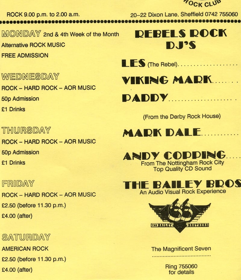 A flyer publicising the different nights at Rebels