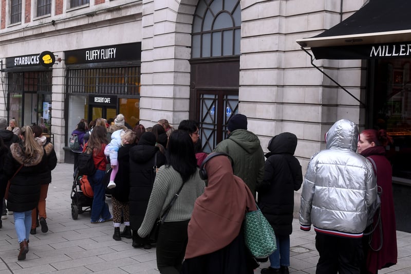 Queues of people outside Fluffy Fluffy on the Headrow in Leeds.
