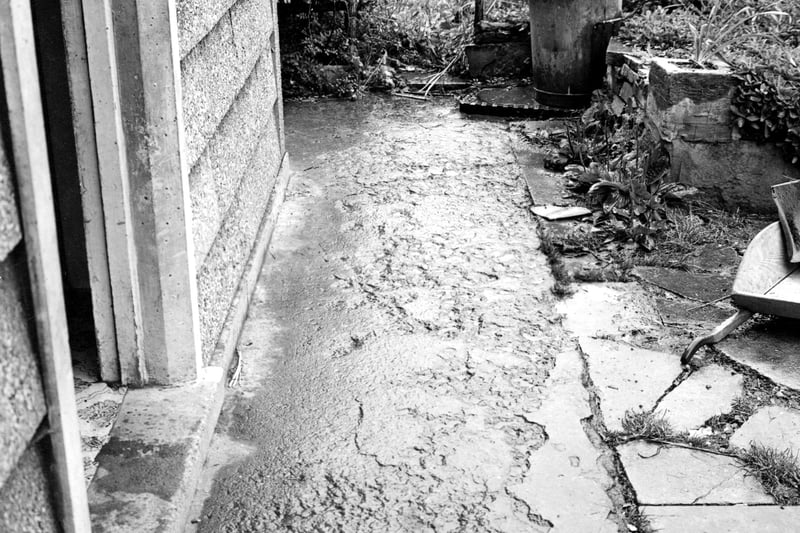 View of the back doorstep and path of an unknown house on Seacroft Estate. The cement path is pitted and uneven. A dustbin and shrubs are visible. Pictured in August 1951.