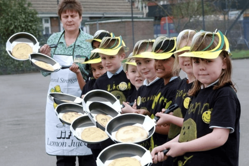 Pupils from Laygate School were getting ready for a pancake race 20 years ago.