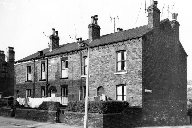 Block of three brick, back-to-back properties on the even numbered side of Cow Close Road. Numbers run from 56 to 52 left to right. Numbers 54 to 52 are larger than number 56 and are double fronted. Blackpool View is visible on the right edge. Pictured in October 1969.
