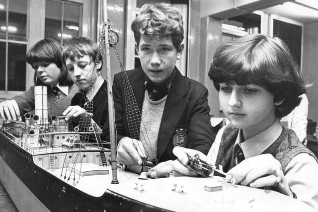 Pupils of Springfield Comprehensive, Jarrow, with a model of the Locksley Hall, built by Palmers of Hebburn in 1886. Pictured in 1981 were, left to right: Tania Hall, Stephen Rutherford, Christopher Harrison and Joanne Parker