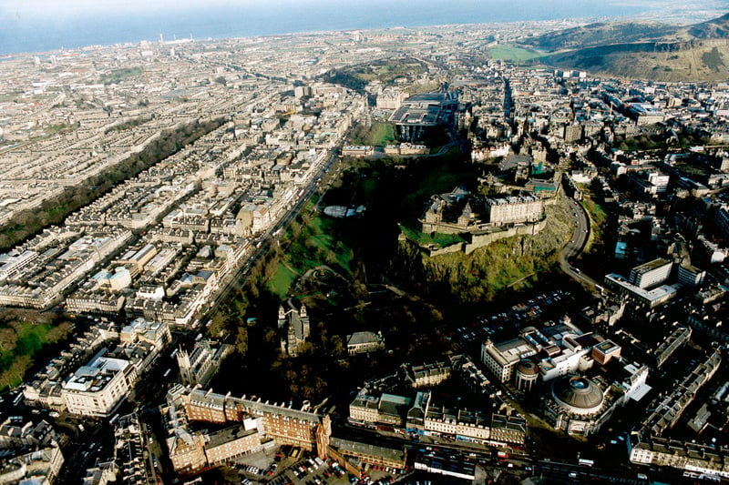 This aerial photo of Edinburgh city centre, showing Edinburgh Castle in the centre, was taken in January 1998.