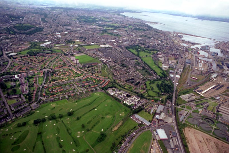 Aerial photo of the Leith/Restalrig/Seafield area taking in July 1993 looking north-west, July 1993, showing the Eastern General hospital (right lower of middle), Craigentinny Golf Course and the two tower blocks Nisbet Court and Hawkhill Court (above left of middle).