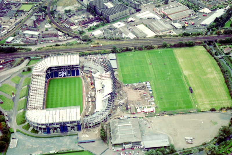 Aerial photo of the home of Scottish rugby, Murrayfield Stadium, being redeveloped in October 1993.