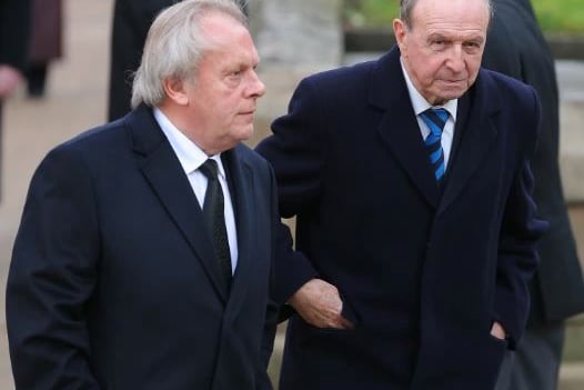 Jimmy Armfield (right) and Gordon Taylor arrive for the funeral of Sir Tom Finney
