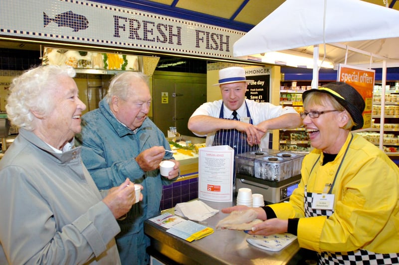 Jim and Jean Forster from Fulwell were sampling the fish on offer at the Seaburn store in  2008.
Watching them was the manager of the fish bar Ian Oxnand and in-store demonstrator Maureen Harrison.