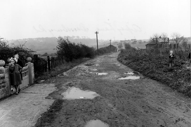 A view looking south down Gipsy Lane, just off Dewsbury Road. On the left, two young girls stand by a garden gate, looking at the camera. The road, running between Beeston and Middleton, is unmade and muddy, and is bordered by fields in the distance. Pictured in October 1954.