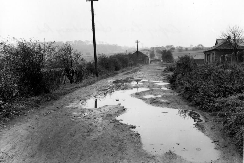 A view looking south along Gipsy Lane, off Dewsbury Road. The road, running between Beeston and Middleton, is unmade and waterlogged. Pictured in October 1954.