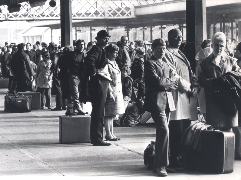 Holidaymakers leave Sheffield Midland Station on May 29, 1971