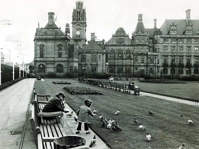 Feeding the birds at Sheffield's Peace Gardens in 1971
