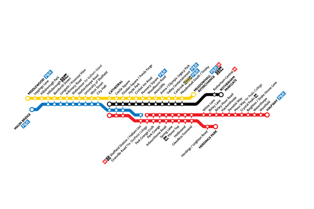 A map of Stagecoach Supertram tram lines with no service today, shown in red.
