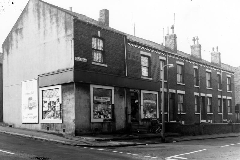 The junction with Branch Road onto properties on Cow Close Road. Number 31 is on the left, a clothiers and general store, run by Peter Francis. This shop went through to number 2 Wilfrid Street. Pictured in October 1969.