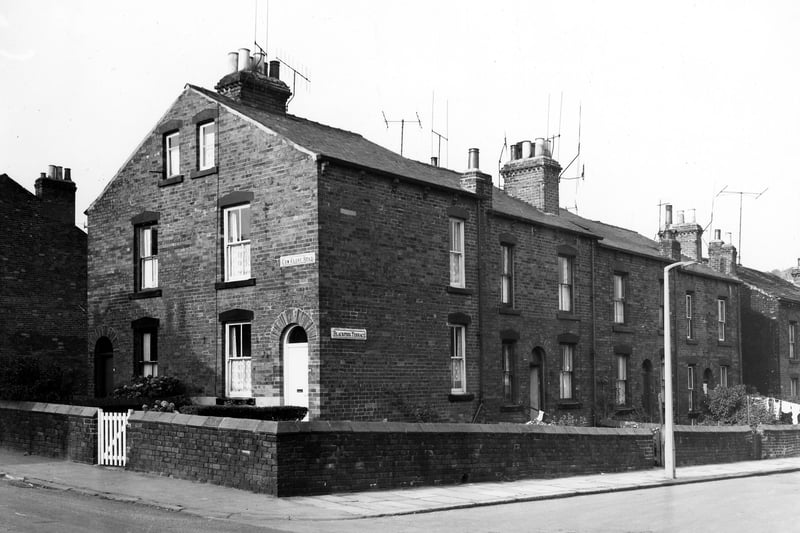 On the left of this view are two gable end properties on Cow Close Road, numbers 26 then 24. Moving right, numbers 5 to 9 Blackpool Terrace can be seen.