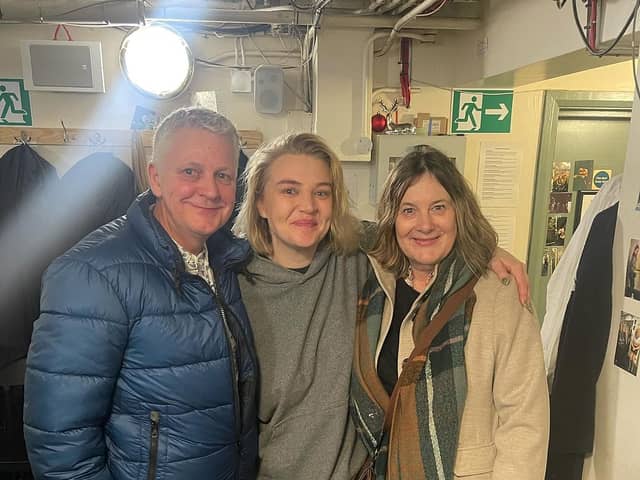 Self Esteem, whose real name is Rebecca Lucy Taylor, with Antony Wright, her old music teacher from Wales High School in Rotherham, and his wife. She credits Antony as being the man who 'taught me to sing'.