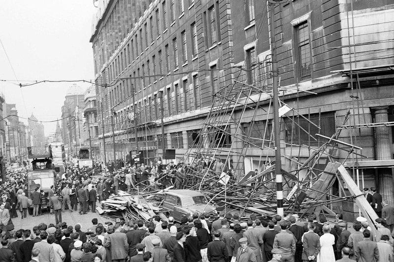 Scaffolding collapses at Argyle Street Glasgow outside Lewis’ Store in 1960. For as long as most folks can remember, Argyle Street has always had a department store, first Lewis', then Debenham's - since it shut down in 2020, the old department store building has faced an uncertain future.