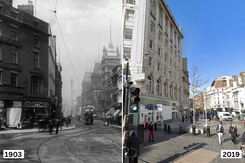 A view down Church Street in 1903 as an electric tram runs past the Bon Marché department store. And looking down the now pedestrianised street from the Central Station end in 2019.