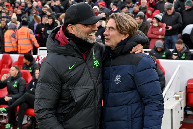 Jurgen Klopp (L) with Brentford's Thomas Frank in the Bees and Reds last meeting