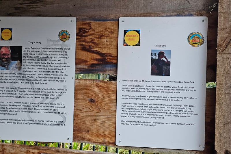 Volunteer stories are shared in the walls of the conservation area like Lazarus who joined Friends of Grove Park when he was 13 and Tony who joined at the end of the first lockdown to improve his mental health.
