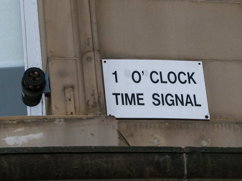 The one o'clock time signal at H.L. Brown jewellers, on Barker's Pool, in Sheffield city centre, which was introduced in 1877 and still sounds every day