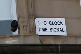 The one o'clock time signal at H.L. Brown jewellers, on Barker's Pool, in Sheffield city centre, which was introduced in 1874 and still sounds every day