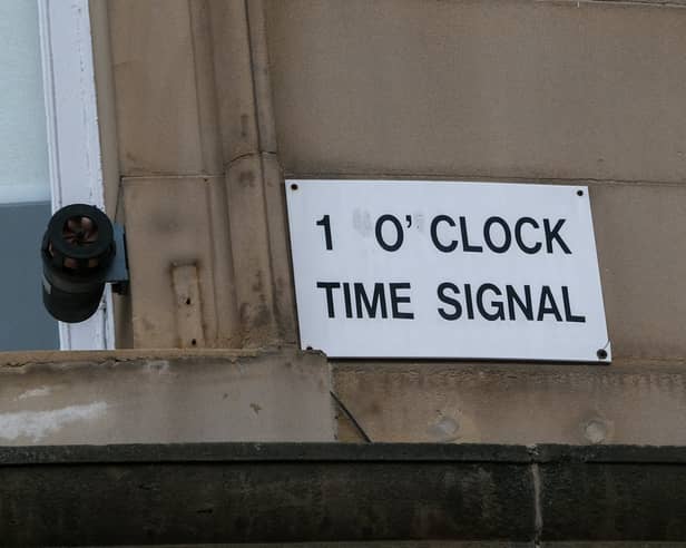 The one o'clock time signal at H.L. Brown jewellers, on Barker's Pool, in Sheffield city centre, which was introduced in 1874 and still sounds every day
