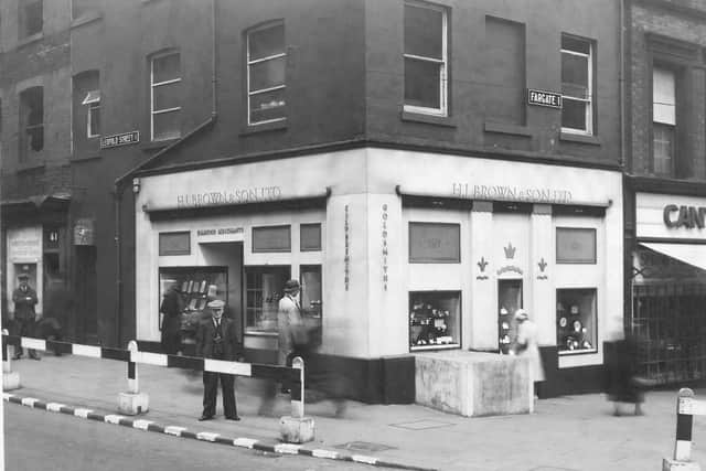 H.L. Brown's old store at the corner of Leopold Street and Fargate in Sheffield city centre in 1940