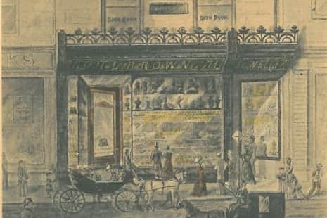 An illustration of H.L. Brown's shop at 71 Market Place, Sheffield, from around 1888