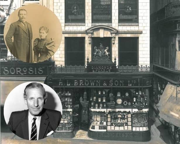 The old H.L. Brown jewellers shop on Market Place, Sheffield, before it was destroyed in the Blitz, the firm's founder Harris Leon Brown with his wife, and his great-grandson Michael Frampton, who ran the company for many years