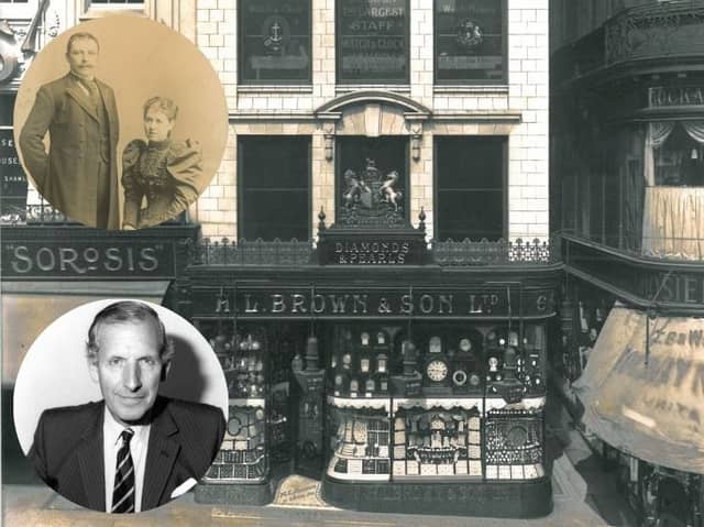 The old H.L. Brown jewellers shop on Market Place, Sheffield, before it was destroyed in the Blitz, the firm's founder Harris Leon Brown with his wife, and his great-grandson Michael Frampton, who ran the company for many years