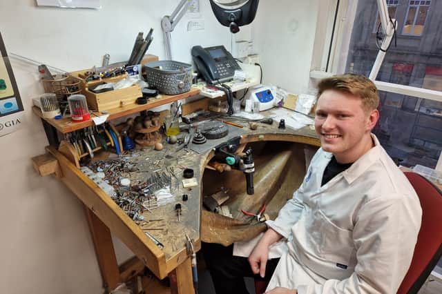 Jeweller Tom Rigby in his studio at H.L. Brown, on Barker's Pool, in Sheffield city centre