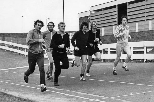 Brian Kirkley of Shields Harriers leads the field in a lunch time jogging session at Gypsies Green Stadium 46 years ago.