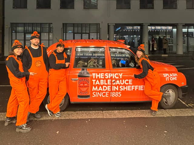 The Henderson's Relish-branded taxi in London to mark the West End transfer of Sheffield-made musical Standing at the Sky's Edge