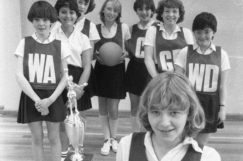 The St Anthony's first year netball team in 1982. 
Captain Vicky Young, front was joined by left to right: Lesley Beattie, Amanda Newton, Kay Smith, Catherine Trueman, Lisa Pearson, Sandra Hodgson and Sylvia Ostrowski.