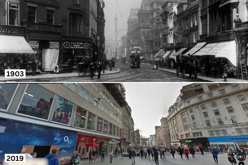 A view down Church Street from near the junction with Parker Street in 1903 and more than one hundred years later in 2019.