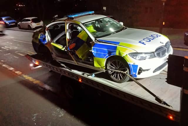 A police car was rammed in an incident on Blackstock Road, Hemsworth, in the early hours of this morning. (Photo: Phill Carmel)